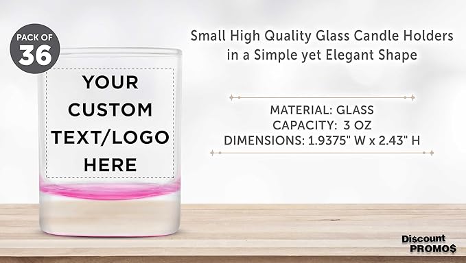 DISCOUNT PROMOS Custom Arc Votive Candle Holders 3 oz. Set of 36, Personalized Bulk Pack - Thick Base, Perfect for Wedding, Anniversary and Party Favors - Pink Bottom