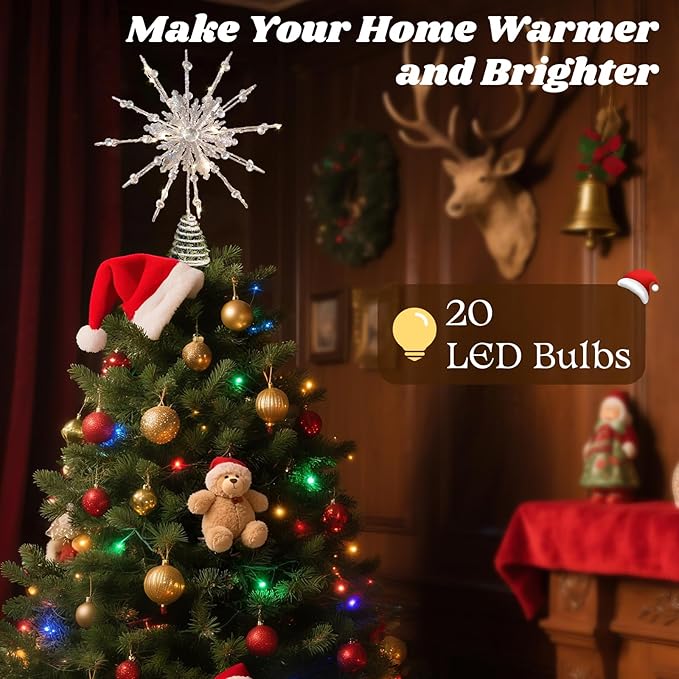 Lewondr Christmas Tree Topper, 12.2'' Metal Xmas Star Tree Topper with 20 LED Bulbs, USB Powered Glittered 12-Pointed Treetop for Christmas Ornaments, Remote Control, 6H Timer, 8 Light Modes, Silver