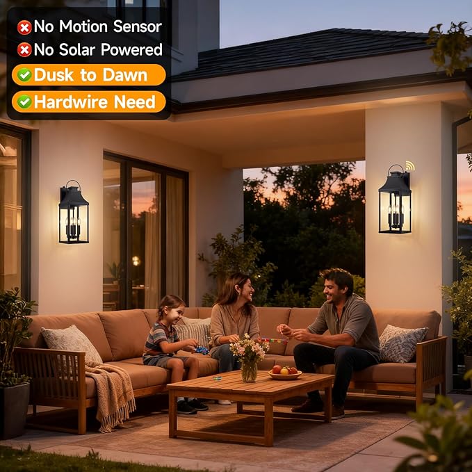 tewei Dusk to Dawn Outdoor Wall Lantern, 22'' Large Porch Lights Outdoor Sconce Lights, 4-Light Modern Exterior Lighting Fixtures Waterproof Outside Patio Lanterns for House Garage, 1-Pack
