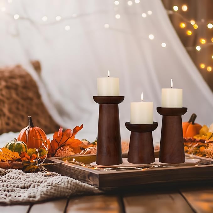 Pillar Candle Holders Set of 3， Wooden Candle Holders， Decorative Wood Candlestick Holders for Living Room, Table Centerpiece for Wedding, Christmas, Party, Home - 4", 6", 8"