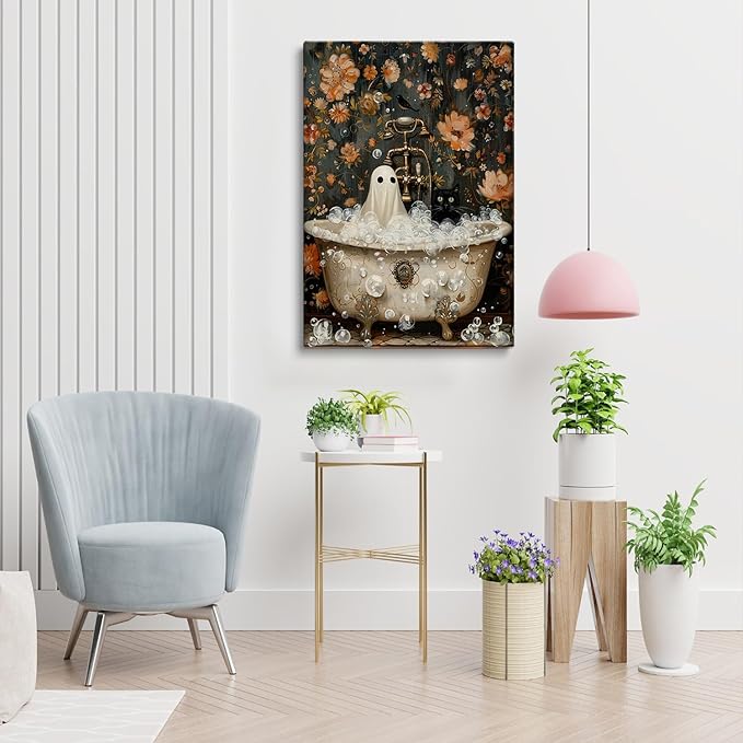 Ghost and Cat in Bathtub Poster,Cute Gothic Home Decor,Cat Ghost Poster,Spooky Bubblebath Halloween Art, Black Cat Print, Whimsigoth Halloween Bathroom Decor12x16inch Unframed