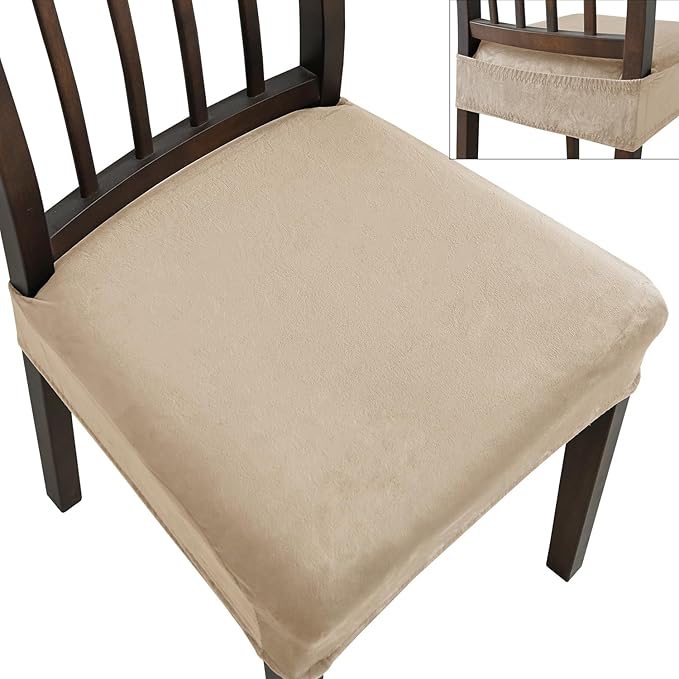 Dining Chair Seat Covers, Stretch Velvet Chair Seat Slipcovers Protector, Removable Washable Kitchen Chair Covers for Dining Room Chairs (Set of 2, Khaki)