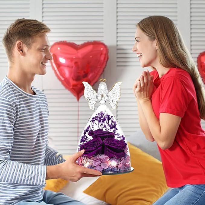 Christmas Rose Gifts for Women Preserved Real Flower in Glass Angel Figurines Roses for Delivery Prime Birthday Gifts for Mom Grandma Girlfriend Wife Her, Full Purple