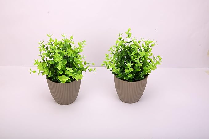 VENTO 2 Pack Eucalyptus Fake Medium Plants, Realistic Artificial Greenery for Home, Office, Bathroom, Coffee Table Decor, UV Resistant, Lifelike Leaves, Low Maintenance, 10x20x10 cm Brown Pot