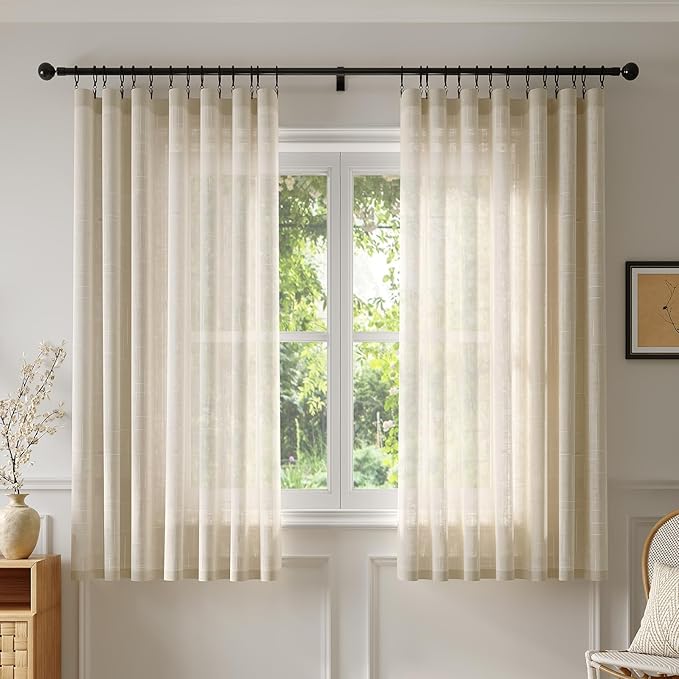 Anmao Natural Linen Curtains for Living Room 45 Inch Length 2 Panels Set, Light Filtering Semi Sheer Window Curtain Drapes for Bedroom with Curtain Rings and Clips, 52 Inch Wide Each Panel, Ecru