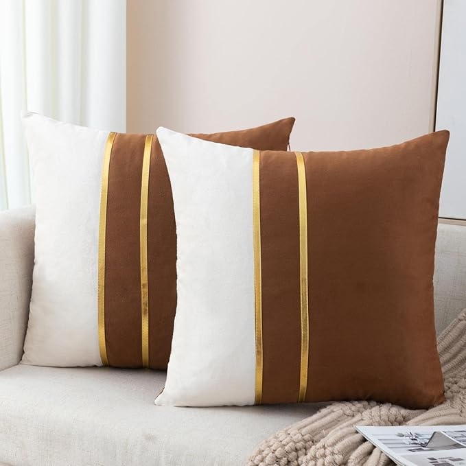 ZLINA Set of 2 Velvet Decorative Throw Pillow Covers Coffee Brown White Patchwork with Gold Leather Pillow Covers 24 × 24 Inch Cushion Covers Decor Living Room Sofa Bedroom Car