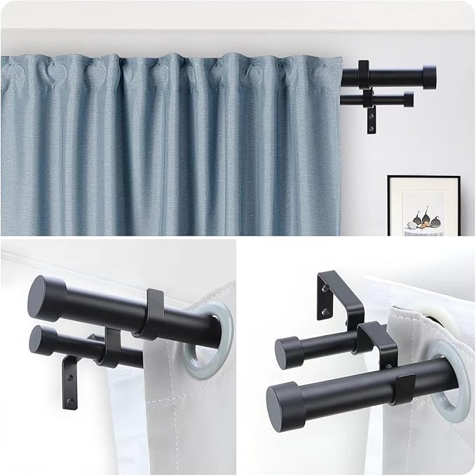 OLV Black Double Curtain Rods for Windows 72 to 144 Inch(6 to 12 Feet),1 Inch Adjustable Dual Curtain Rod, Heavy Duty Double Drapery Pole with End Cap Design for Living Room, Bedroom, Farmhouse