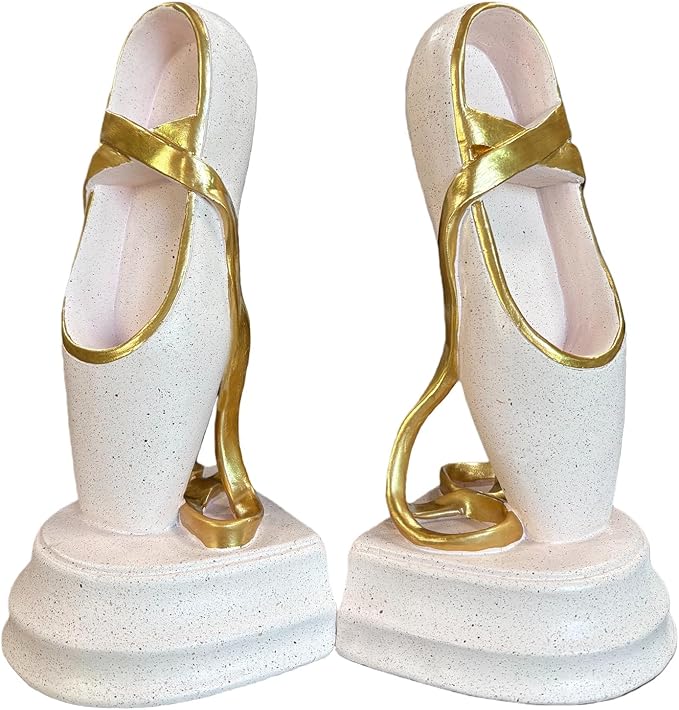 Ballet Shoes Bookends Set of 2 – Pink Resin Book Stoppers with Golden Ribbons, Elegant Decorative Book Ends for Girls’ Room, Bookshelf, and Office Decor
