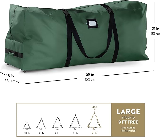 ZOBER 600D Oxford Fabric Large Rolling Christmas Tree Storage Bag - Fits 9 Ft Artificial Trees - Waterproof Christmas Tree Bag For Storage Box For Xmas, Durable Handles and Wheels - Card Slot - Green