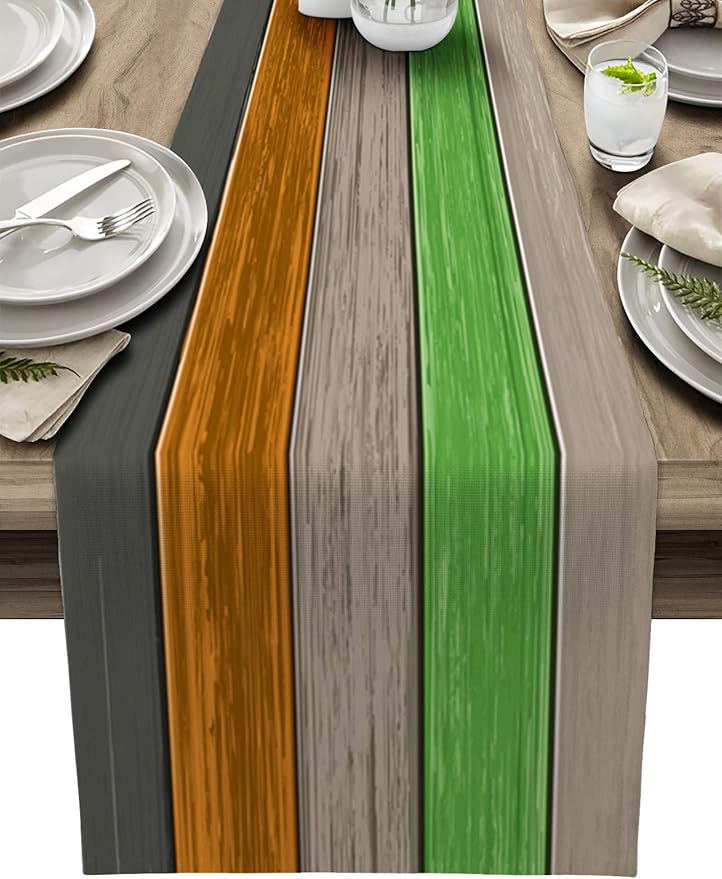 Farmhouse Cotton Linen Table Runner Extra Long 120 inches- Urbane Bronze Retro Rustic Barn Wood Texture Ombre Brown Orange Green Non-Slip Rectangle Settings Decor for Kitchen Home Dining Holiday