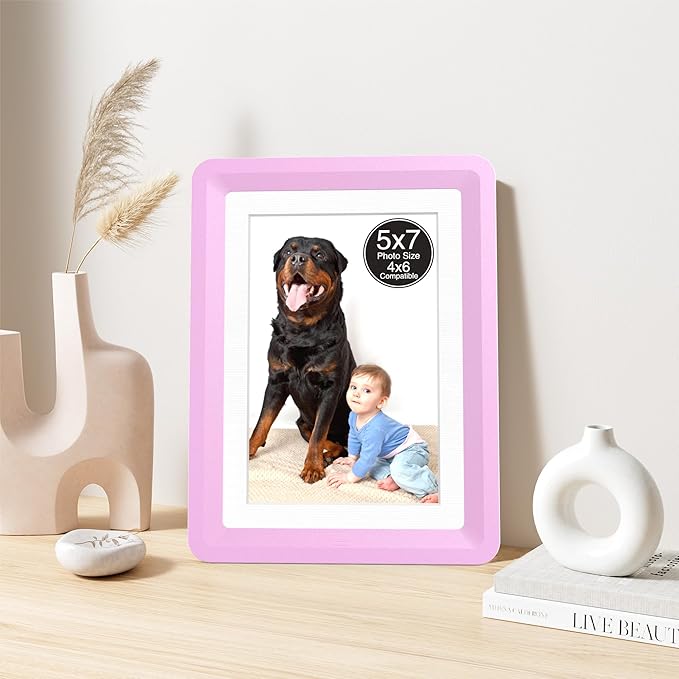 Pink 5x7 Picture Frame with Acrylic Front 1 Pack, ABS Frame for 5x7 or 4x6 Photos, Shatterproof UV-Resistant Tabletop Photo Frame, Vertical/Horizontal Display for Home Décor