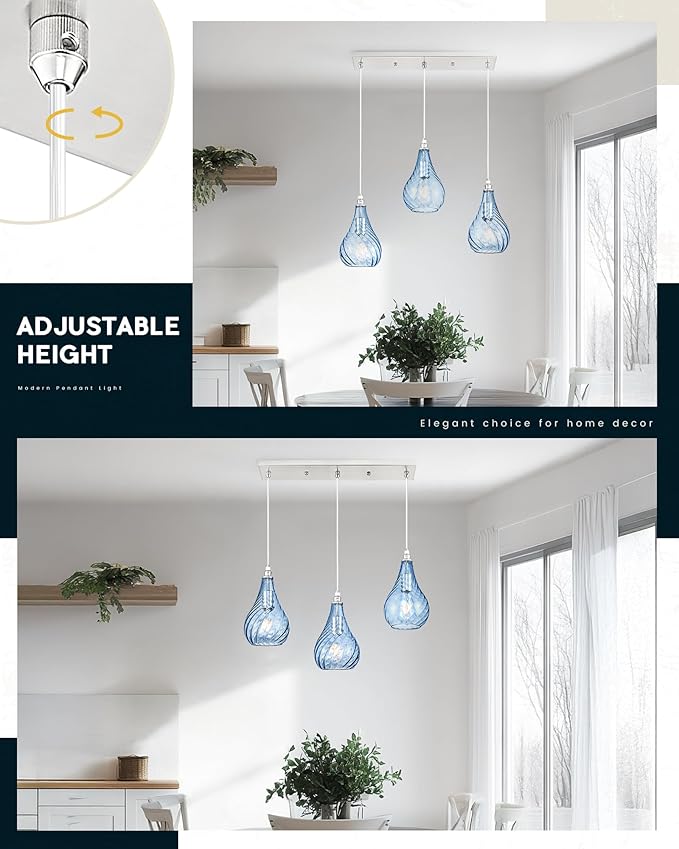 TENGXIN 3-Light Pendant Lights for Kitchen Islands - Brushed Nickel with Blue Glass. Farmhouse Style, Ideal for Dining Rooms and Bedrooms, 6 Inch