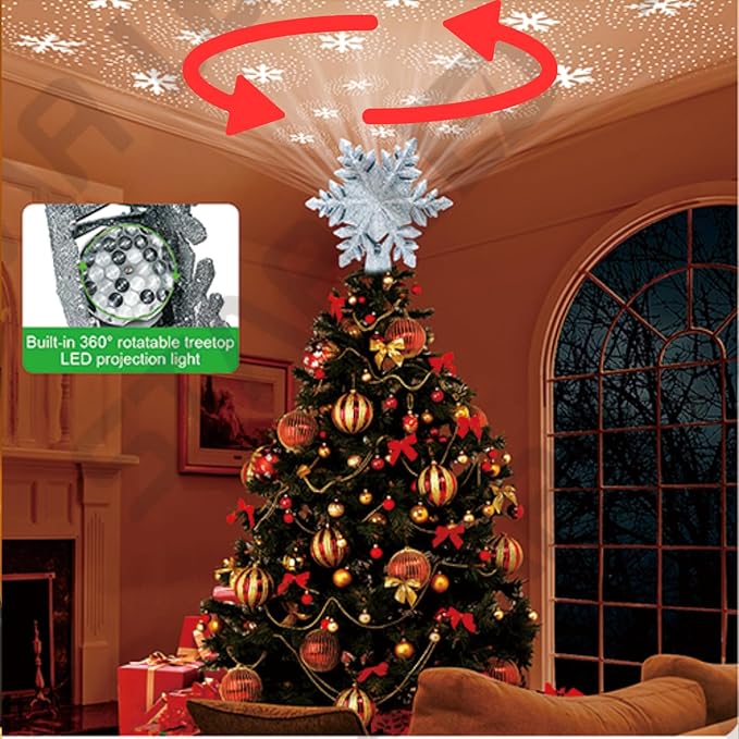 ME JO Christmas Tree Topper | Christmas Tree Decoration Hollow Glitter Snowflake with 3D Rotating LED | with 6 Projection Plug in Star Christmas Tree Projector for Indoor Office Xmas New Year