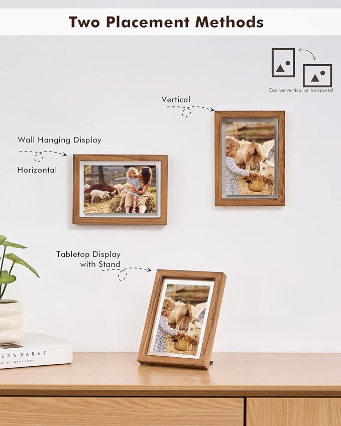 DLQuarts 5x7 Floating Picture Frames for 4x6/3.5x5 Photos, 2-Pack Solid Wood Double Polished Glass Floating Frame for Wall & Tabletop, Postcards and Any Size Photo up to 5x7 Display, Carbonized Wood