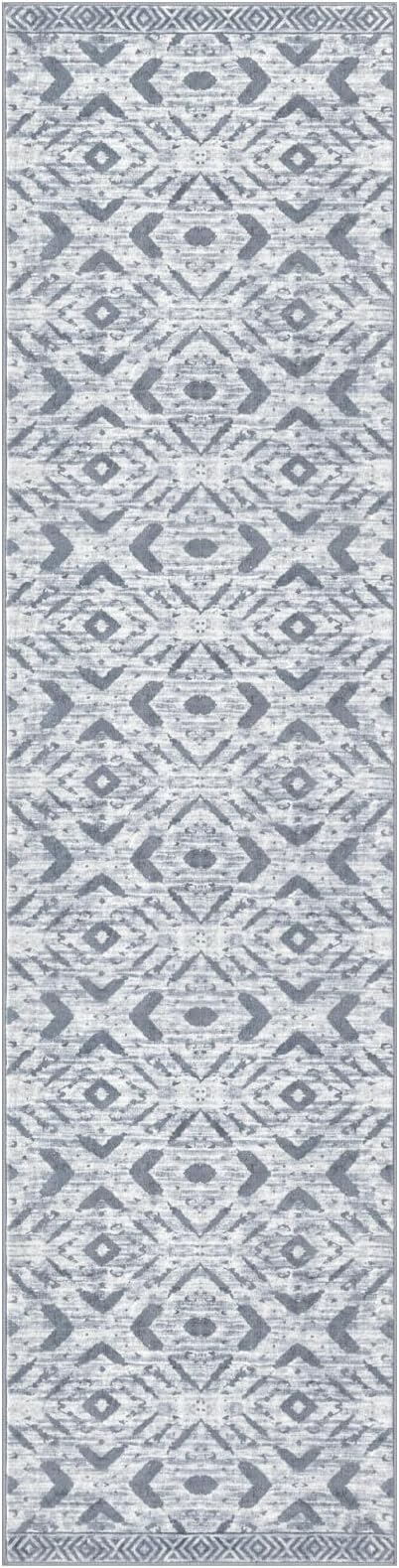 KILOCOCO Hallway Runner Rug 2.6'x10' Washable Printed Moroccan Runner Rugs Non Slip Entryway Rugs Soft Indoor Long Floor Rug for Bedroom Kitchen Living Room Geometric Boho Carpet Runners, Grey White