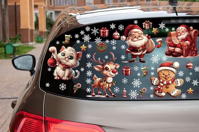 12 Sheets 171 Pcs Big Size Christmas Window Clings - Santa, Reindeer, Dog & Cat Window Stickers & Decals for Home, School, Office & Party Supplies