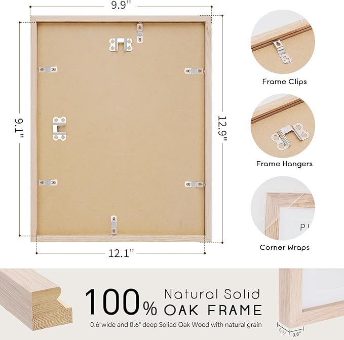 9x12 Oak Wood Picture Frams - Minimalist 9x12 Oak Wood Frames, 9"x12" Picture Frame Wood, Natural Solid Wooden Picture Frames for Wall Art Photo and Prints(1 Pack, Beige)