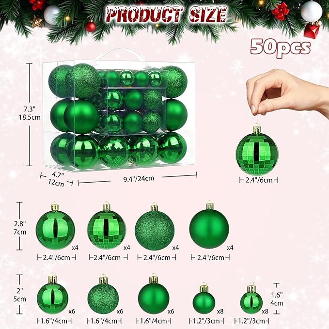 50pcs Christmas Ball Ornaments Dark Green Small Shatterproof Christmas Tree Decorations Xmas Tree Xmas Ornaments Balls with Hanging Loop for Halloween Xmas Wedding Holiday Party Wreath Home Decor