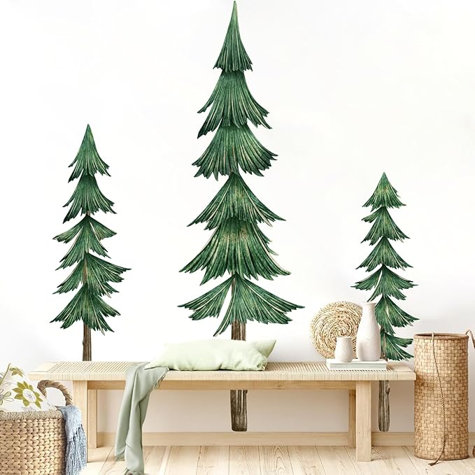 Large Pine Tree Wall Decal Giant Green Tree Wall Stickers Removable Large Forest Decals Peel and Stick Evergreen Trees Decal Woodland Trees Sticker for Living Room Bedroom Home Decor