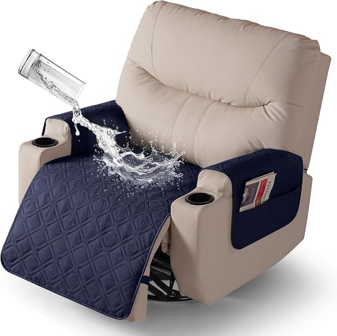 VANSOFY Recliner Chair Covers 100% Waterproof Seat Cover with Arm Reclining Cover Non-Slip Recliner Chair Covers Furniture Protector Washable Slipcover with Pocket for Pets, Dogs(Dark Blue, 28")