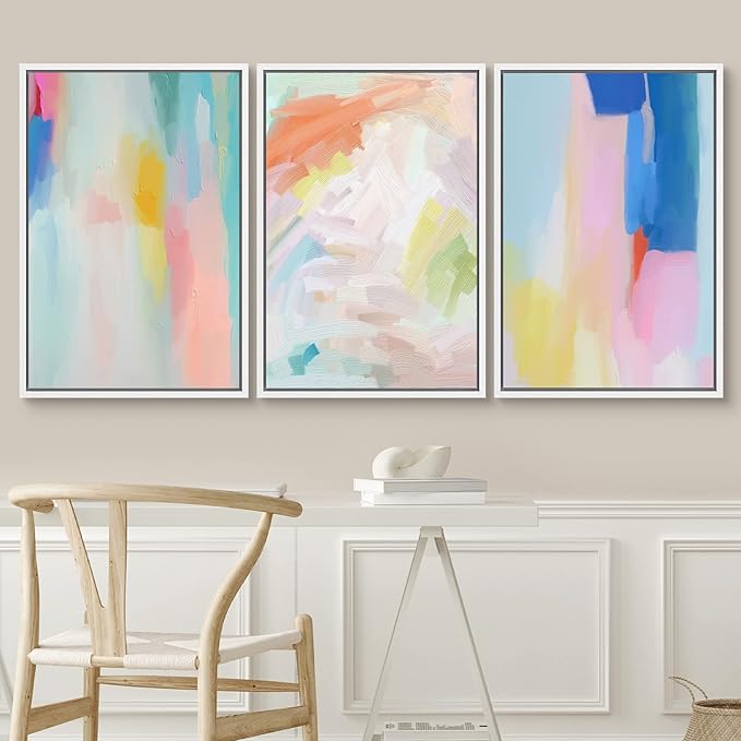 SIGNWIN Framed Canvas Print Wall Art Set Watercolor Pastel Rainbow Paint Stroke Shapes Abstract Illustrations Modern Art Decorative Nordic Calm/Zen for Living Room, Bedroom, Office - 24"x36"x3 White