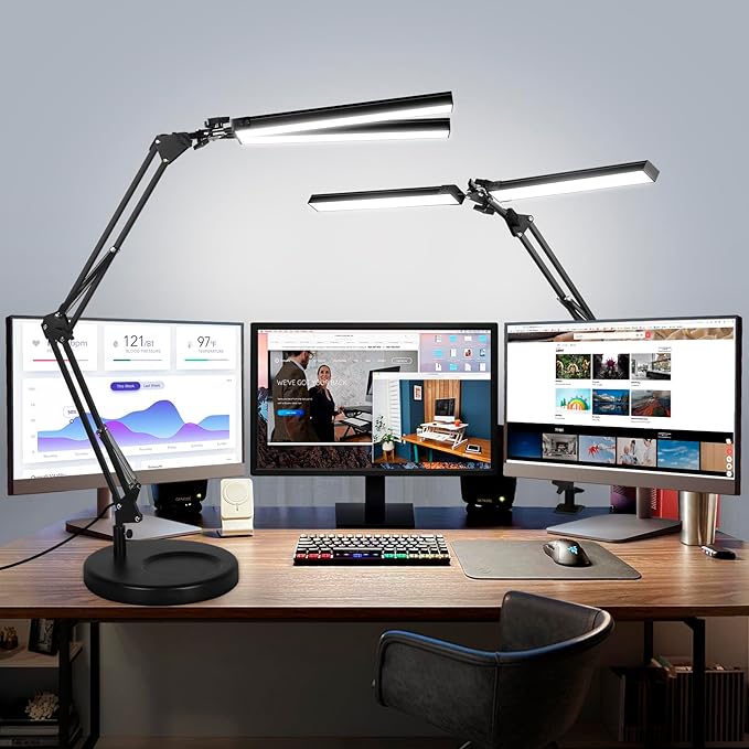 2-in-1 LED Desk Lamp, 24W Brightestwith Table Lamp with Clamp, Desk Light with Flexible Swing Arm,3 Color Modes Stepless Dimmable Double Head Architect Desk Lamps for Home Office Workbench Reading