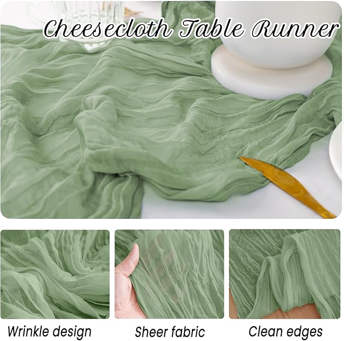 10 Pack Sage Green Cheesecloth Table Runner,10FT/120 Inch Boho Gauze Fabric Table Runner,Rustic Sheer Sage Green Cheese Cloth Runner Bulk for Wedding,Bridal Baby Shower,Birthday Party,Table Decor
