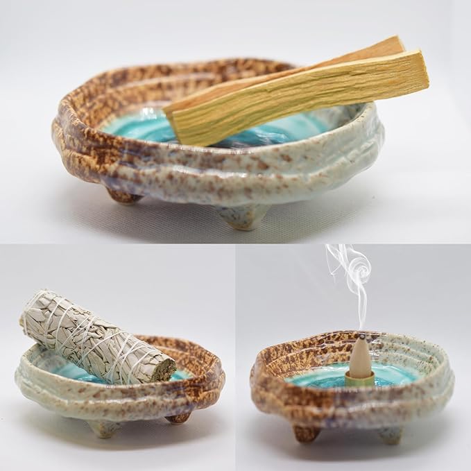 Ceramic Incense Burner Holder for Sticks, Handmade Palo Santo Holder, Incense Cone Dish Bowl for Coil, Sage Cones, Ash Catcher, Smudge Bowl for Yoga Meditation Room Décor