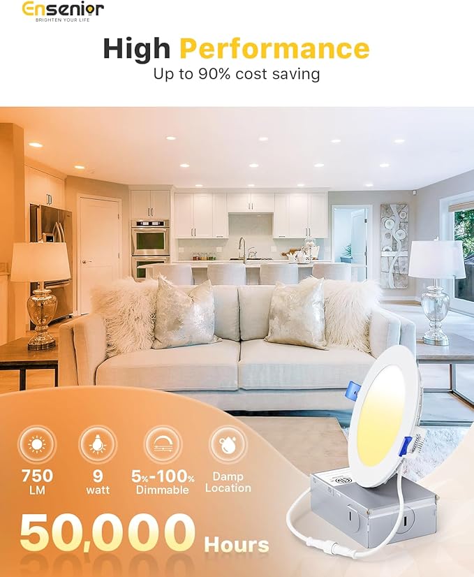 Ensenior 16 Pack 4 Inch LED Recessed Ceiling Light, Dimmable, 2700K-5000K 5CCT, 750LM 9W 120V, High Brightness Canless Wafer Downlight - ETL&FCC&IC