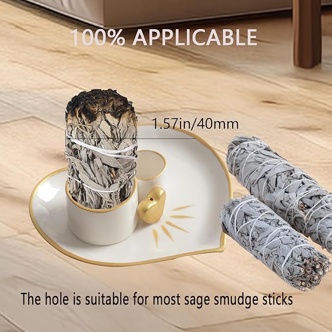 4 in 1 Incense and Candle Holder for Burning Sage, Palo Santo - 5.4" Ceramic Ash Catcher Tray for Meditation Room (Heart-Shaped)