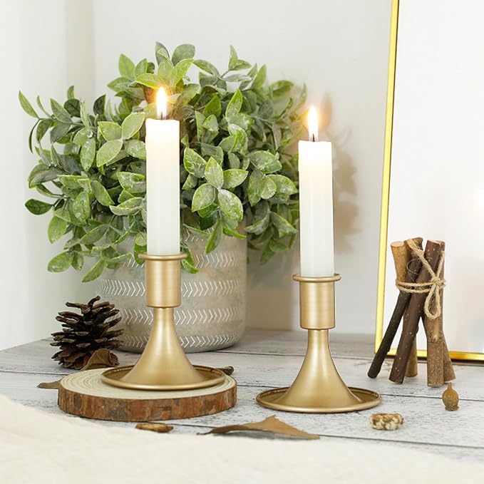 Candlestick Holders Taper Candle Holder 12Pcs Brass Gold Metal Vintage Short Stick Holders Set for Home Dinning Table Wedding Centerpiece Holiday Party Chrismas Mantel Holiday Dinner Base Widening