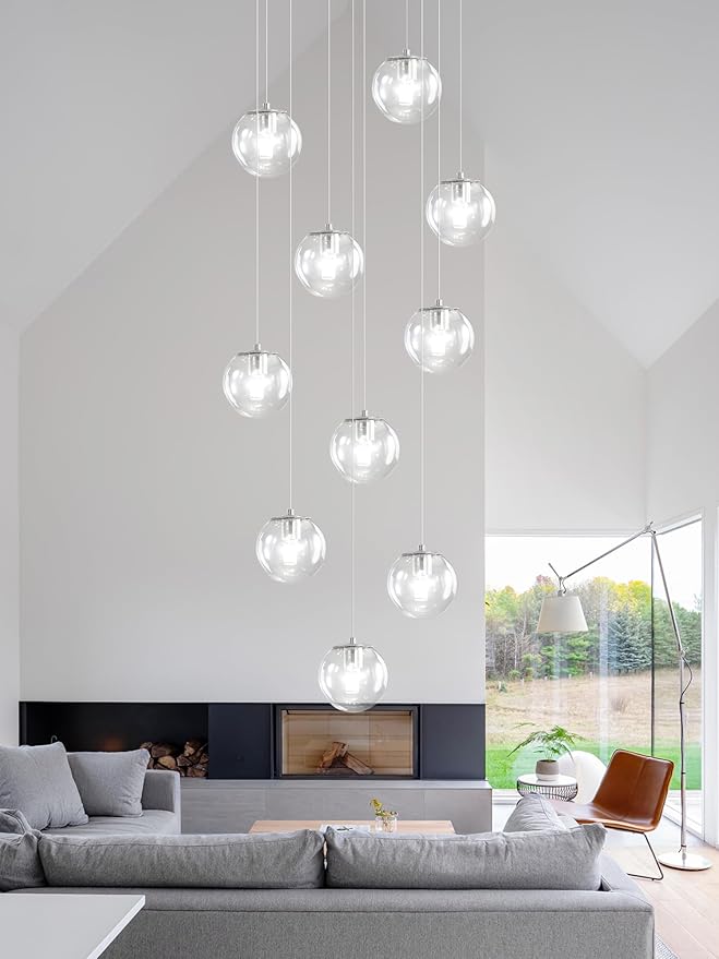 Silver LED Staircase Chandelier 10-Light Clear Glass Ball Chandelier Dimmable Pendant Lights Large Chandeliers for High Ceilings, Entryway Modern Chandelier for Villas and Stairwell