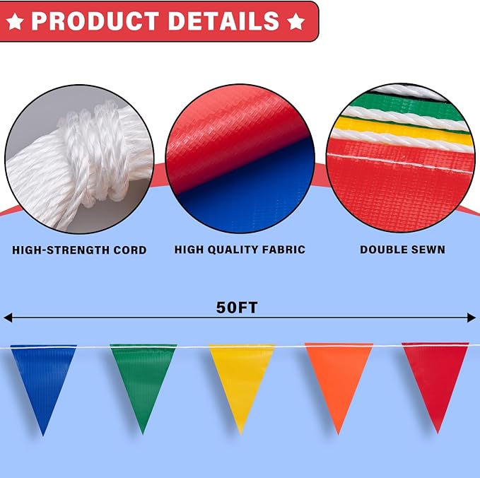 50ft Pennant Banner Flags, 7x10 Multicolor 25 Pcs High Visibility Safety Flagging on String, Triangle Pool Flags for Backstroke, Construction Events Party Decoration Parking Marking Outside