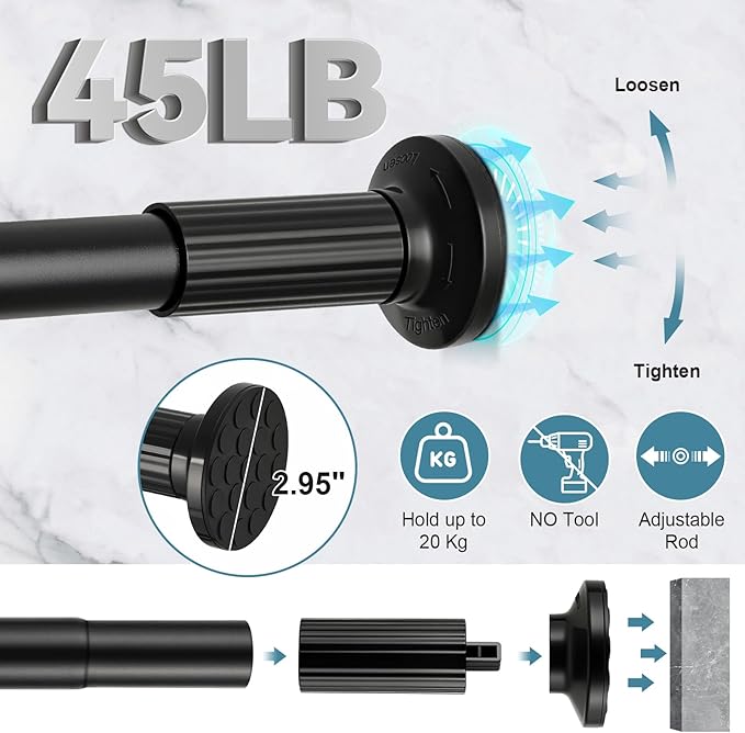 ZOCONE Tension Curtain Rod 51-148 In (4.25-12Ft), Long Outdoor Curtain Rod No Drilling for Patio Window, Adjustable Shower Curtain Rod for Bathroom, Never Rust, Tool-Free, Rod Diameter 1.26 In, Black