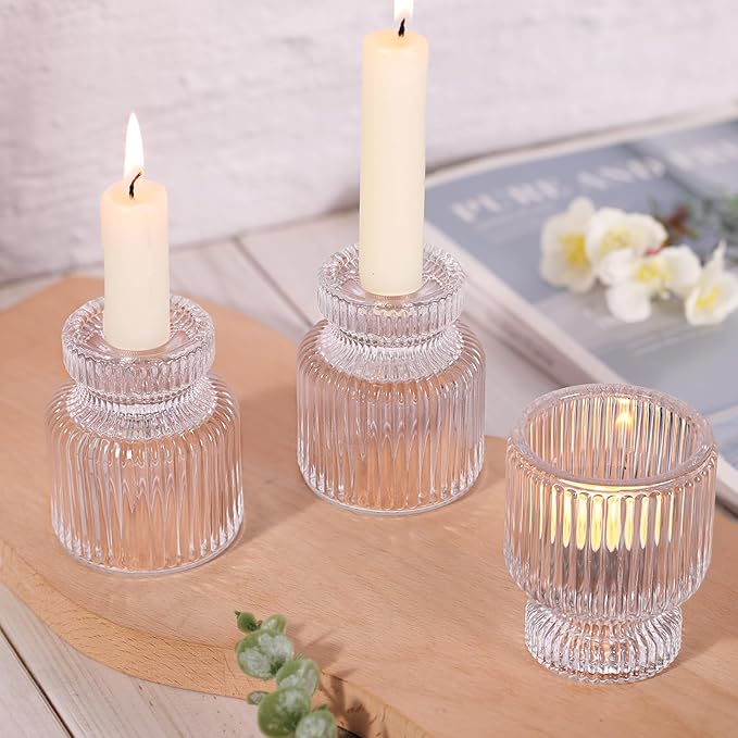 6 Pcs Clear Glass Candlestick Holders with Vertical Stripes - Dual-Use for Taper Candles & Votive/Tea Lights, Taper Candle Holders for Dining Table, Wedding, Home, Party Decor, Gifts