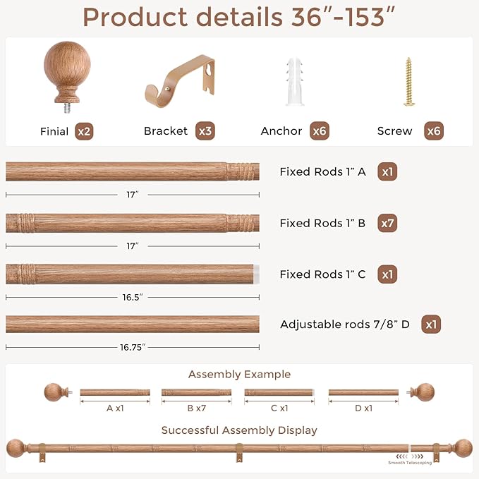 Wood Curtain Rods for Windows 72 to 144 Inch, 1 Inch Boho Decorative Vintage Drapery Rod with Faux Wooden Grain Finials, Adjustable Heavy Duty Rustic Farmhouse Spliced Metal Curtain Pole