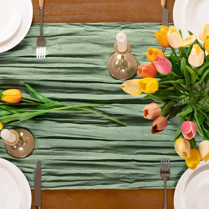 8pcs Sage Green Cheesecloth Table Runner Boho Gauze Spring Table Runners 22×120 inch 10FT Decor for Farmhouse Wedding Baby Shower Birthday Party Ceremony