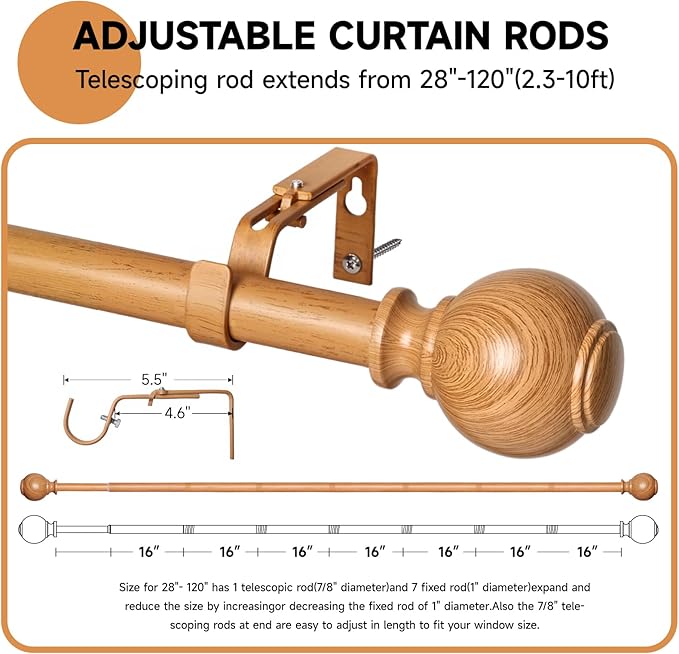 Wood Curtain Rods for Windows 66 to 120 Inches,1 inch Heavy Duty Window Curtain Rods with Imitation Wooden Grain Finials,Decorative Drapery Rods Adjustable, 28"-120"(2.3-10ft), Natural Wood