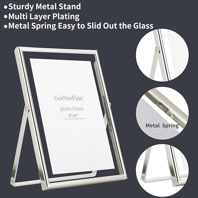 Silver 4x6 Floating Picture Frame for Photo(2x3'',3.5x5''),Adjustable Tabletop/Shelf,Floating Picture Frames 2x3'',Classy Metal Gift Frames for Wedding,Thanksgiving,Christmas