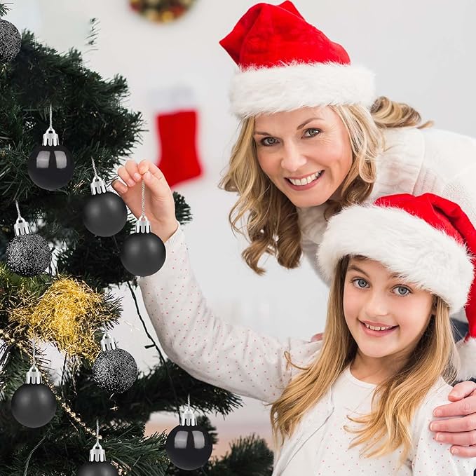 24 Count Small Black Christmas Ornaments Balls, Mini Black Ornaments for Christmas Tree, Plastic Shatterproof Valentine Tree Decorative Hanging Bulbs Ball for Xmas Outdoor Party Decorations, 1.6 inch
