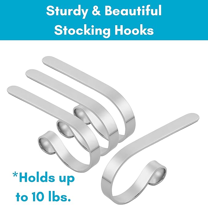 BIRDROCK HOME Christmas Stocking Mantel Hooks - Metal Fireplace Hanger with Non-Slip Pads - Holds Up to 10 lbs - Ideal for Hanging Stockings & Holiday Decor - 4 Pack, Mantel Hooks (Royal Silver)
