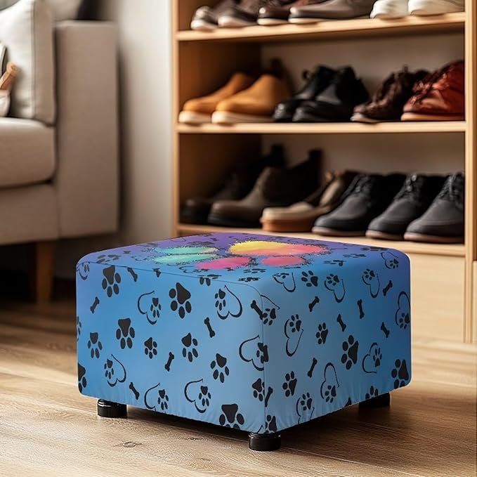 Soft Stretch Ottoman Slipcover Colorful Paws Washable Rectangle Footrest Stool Cover Anti Scratch Furniture Protector with Nonslip Elastic Bottom for Most Footstools Size L