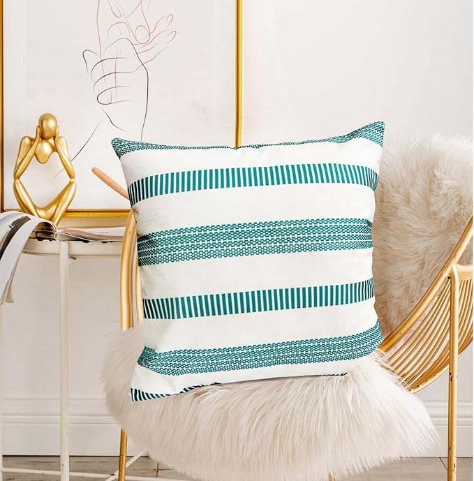 Decorative Throw Pillow Covers Set of 2 Teal Blue Boho Striped Pillow Covers 22x22 Inch Throw Pillow Cover Linen Pillowcase Farmhouse Outdoor Pillow Covers for Couch Sofa Bed Living Room