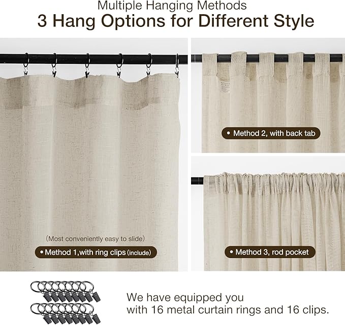 Anmao Natural Linen Curtains for Living Room 72 Inch Length 2 Panels Set, Light Filtering Semi Sheer Window Curtain Drapes for Bedroom with Curtain Rings and Clips, 52 Inch Wide Each Panel, Linen