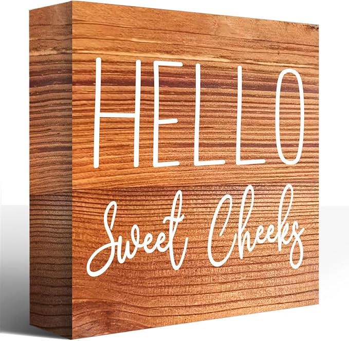 LVQHI Cute Bathroom Shelf Decor, Hello Sweet Cheeks Sign Wooden Box for Shelves Toilet Restroom Tabletop Decoration, Funny Brown Wood Bathroom Sign Decor, 5'' L x 5" H ﻿