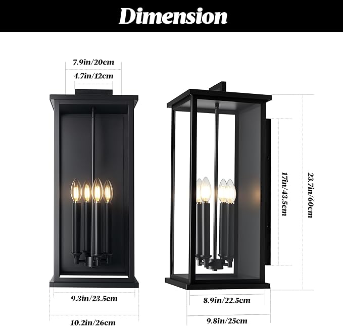 Extra Large Black Outdoor Light Fixtures Wall Mount,Modern Outdoor Wall Lantern,Exterior Porch Garage Light, Outside Sconce for House,Entryway with Thick Glass Shades & E12 Base