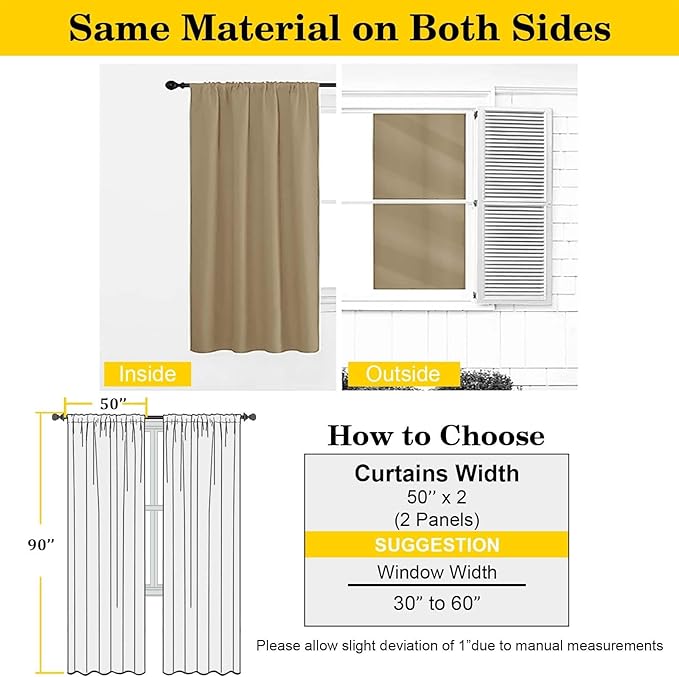Taupe Blackout Curtains for Bedroom Living Room 90 Inches Long 2 Panels, Soft Solid Room Darkening Thermal Insulated Window Treatments, Rod Pocket Curtain, 50" Wx90 L