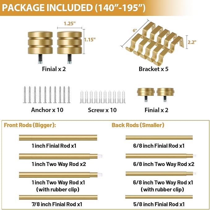 TONIAL1 Inch Double Curtain Rods 140 to 195 Inches, Heavy Duty Decorative Long Drapery Rod for Windows 128 to 190 Inches (5.75 to 11.7 ft) with Classic Cap Finial, Gold
