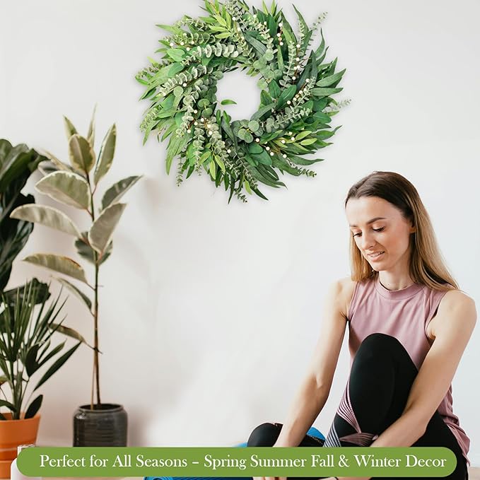 22 Inch Eucalyptus Wreaths for Front Door Year Round, Large Green Artificial Farmhouse Wreath for Home Decorations Outdoo Indoor Wall Window Porch