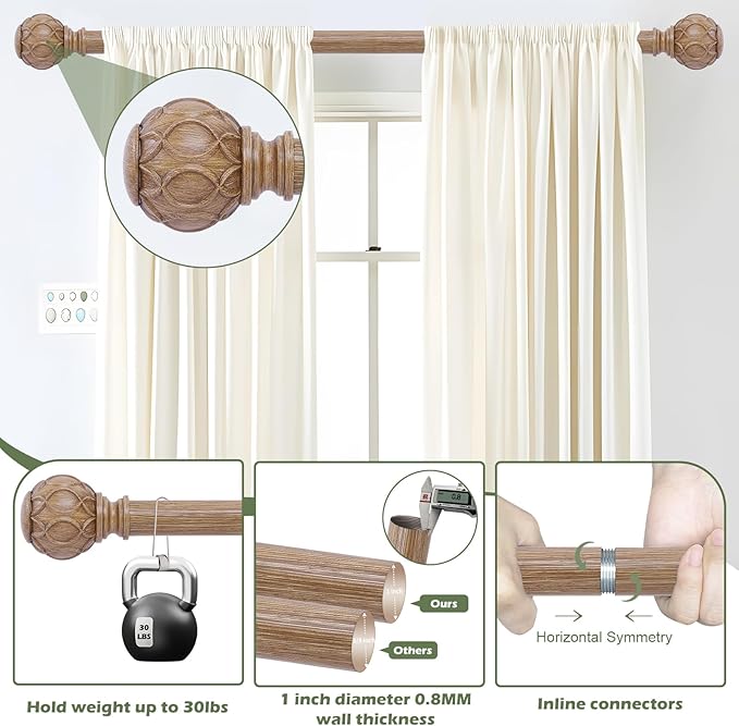 2 Pack Wood Curtain Rods 66 to 120 Inch,1 Inch Adjustable Long Curtain Rod,Netted Texture Window Curtains Rods,Farmhouse Heavy Duty Brown Wood Grain Decorative Drapery Poles 66-120"
